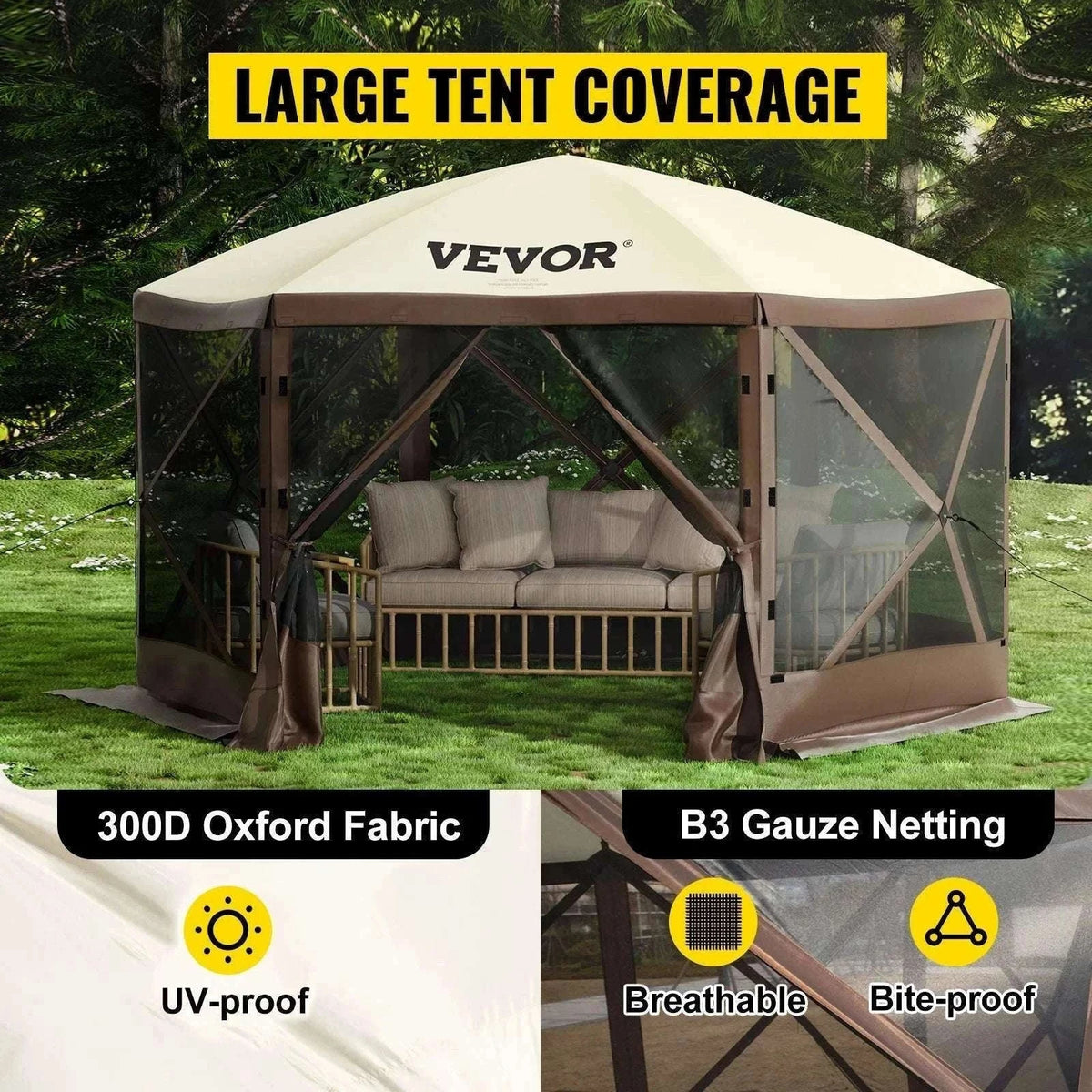 Pop-Up 6-Sided Camping Gazebo Tent with Screen & Wind Panels-12x12ft / france