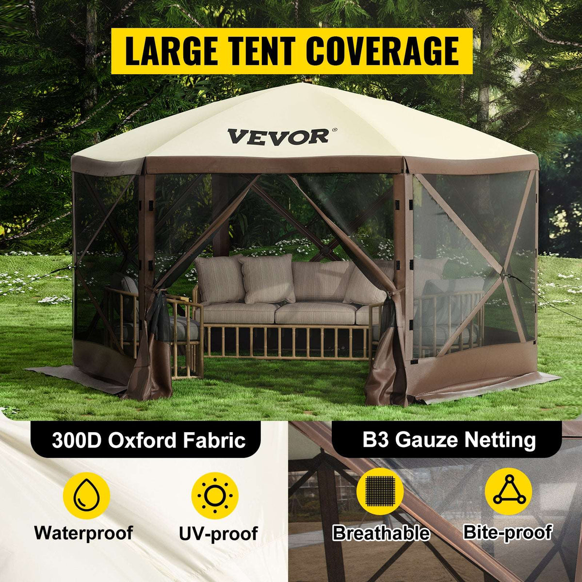 Pop-Up 6-Sided Camping Gazebo Tent with Screen & Wind Panels-12x12ft / france
