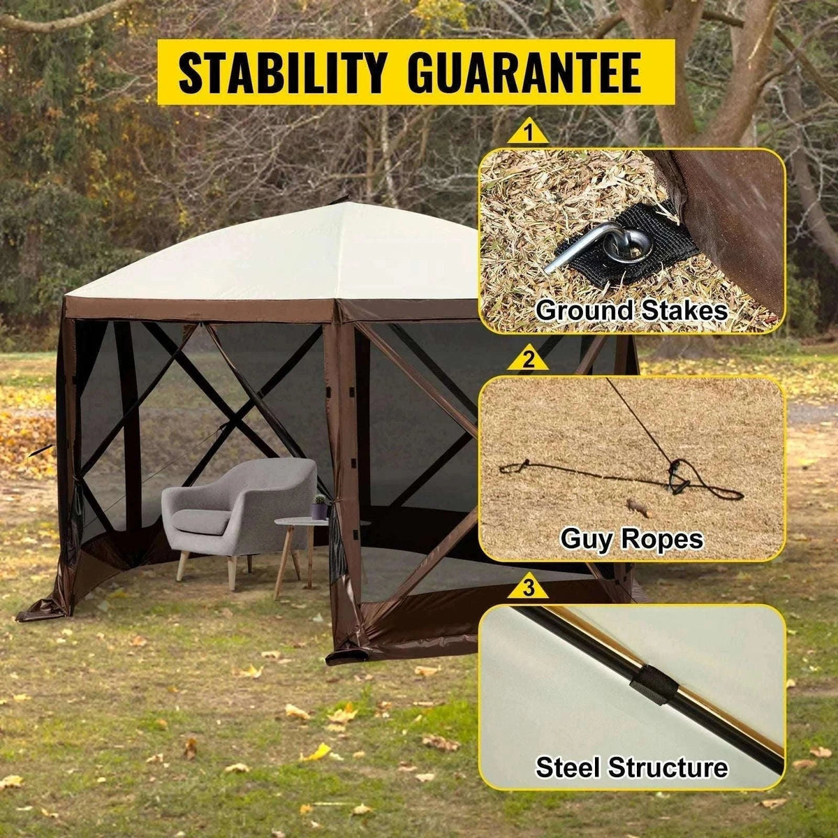 Pop-Up 6-Sided Camping Gazebo Tent with Screen & Wind Panels-12x12ft / france