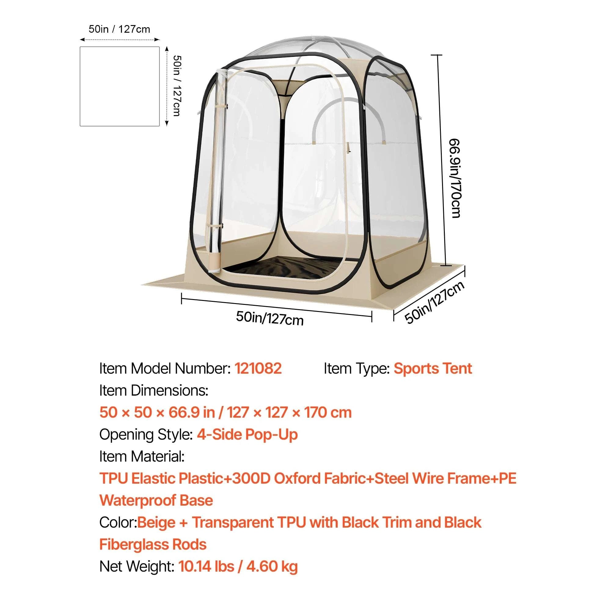 Pop-Up Clear Sports Tent Waterproof Pod with Floor & Cover-47x47inch / United States