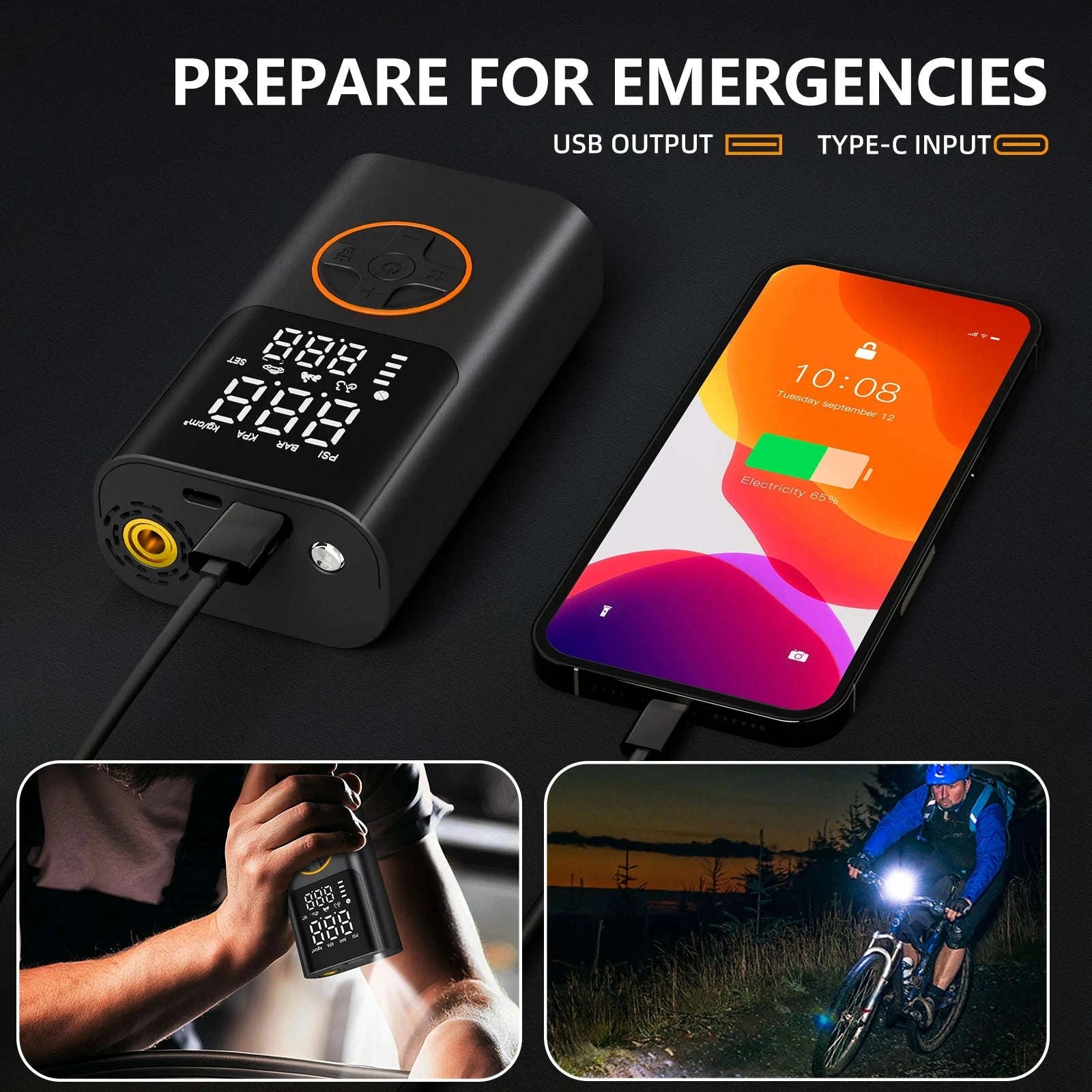 Portable 150PSI Tire Inflator Air Pump with Power Bank & LED Light-black / United States