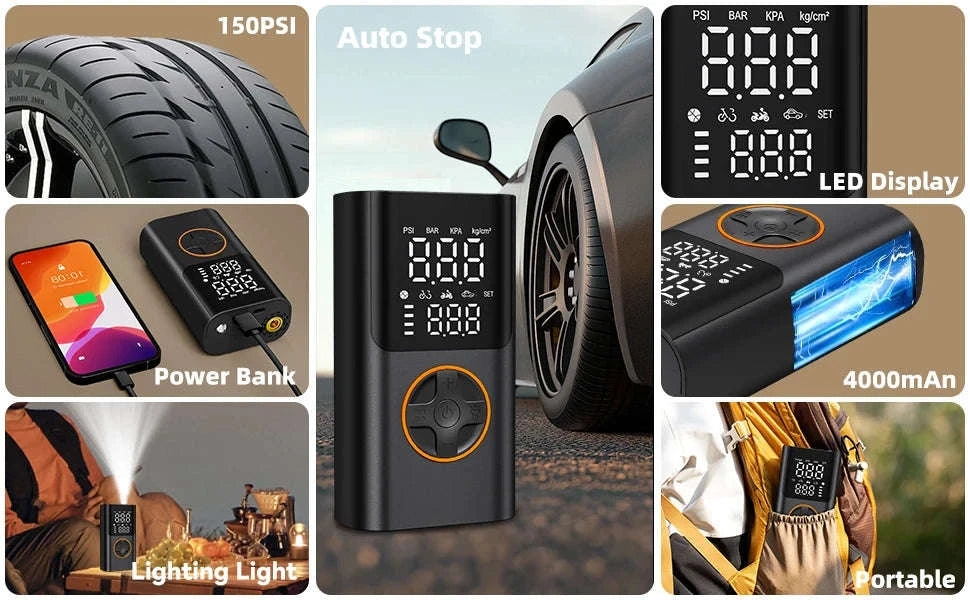 Portable 150PSI Tire Inflator Air Pump with Power Bank & LED Light-black / United States