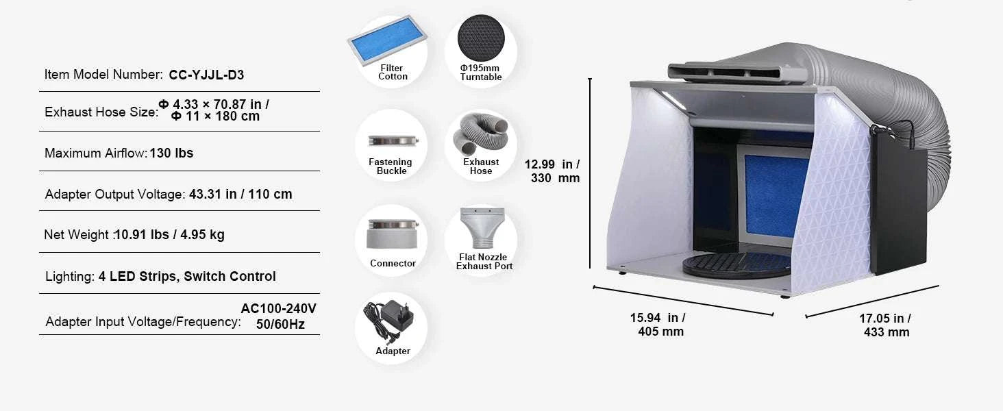 Portable Airbrush Spray Booth with Dual Fans, LED Lights & Hose-4 LED Lights / United States