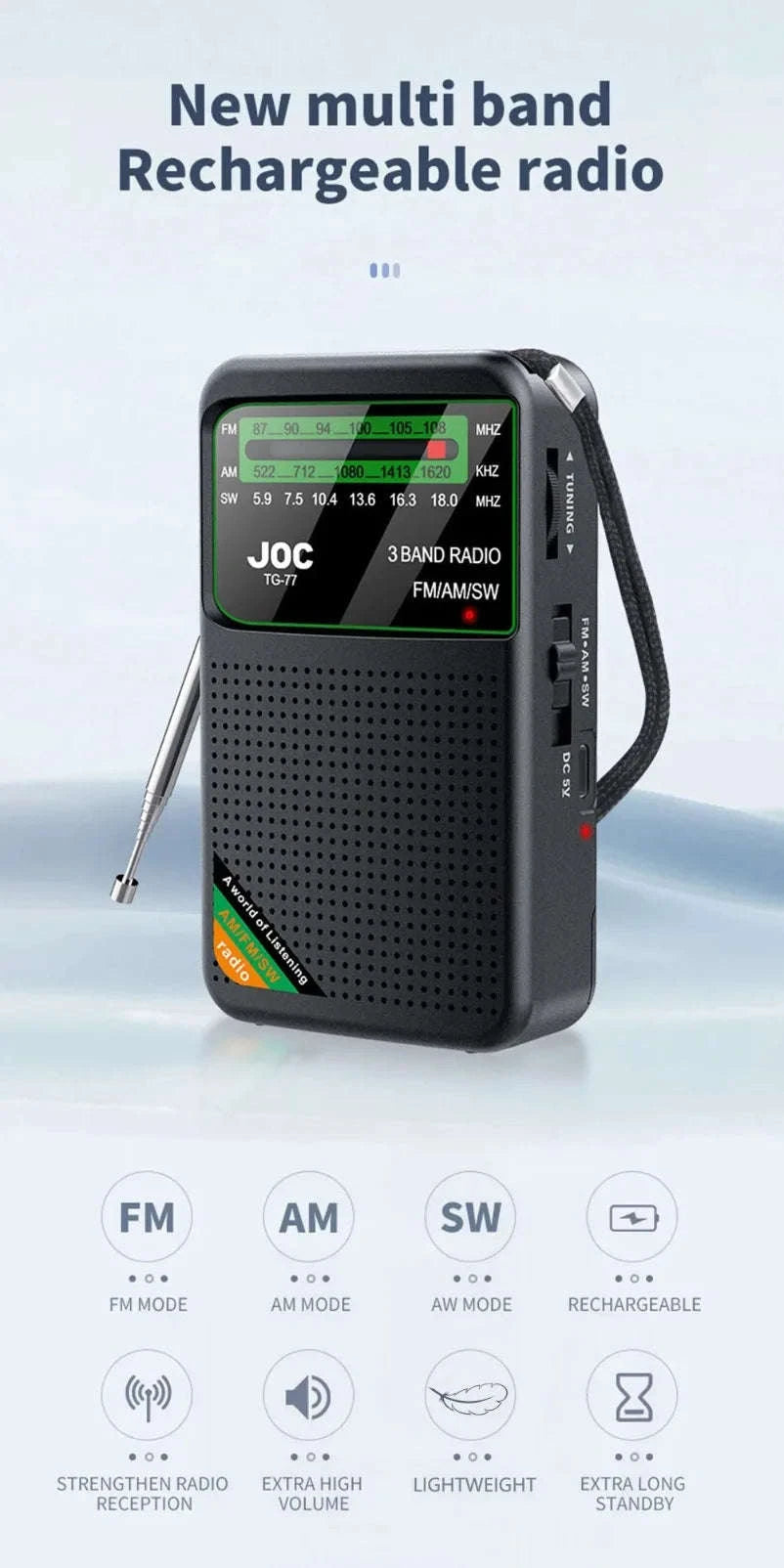 Portable AM FM SW Radio with Rechargeable Battery & Clear Display-TG66 Gold