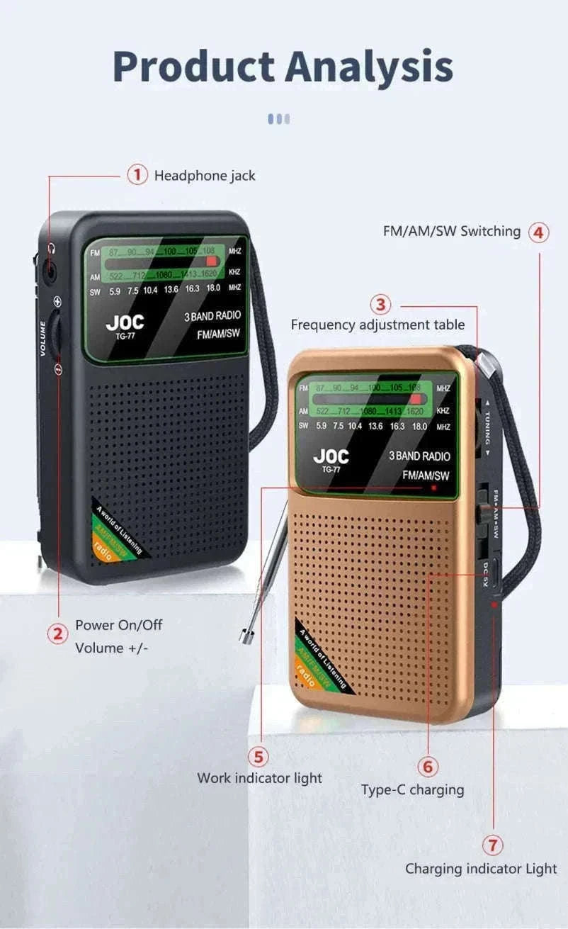 Portable AM FM SW Radio with Rechargeable Battery & Clear Display-TG66 Gold