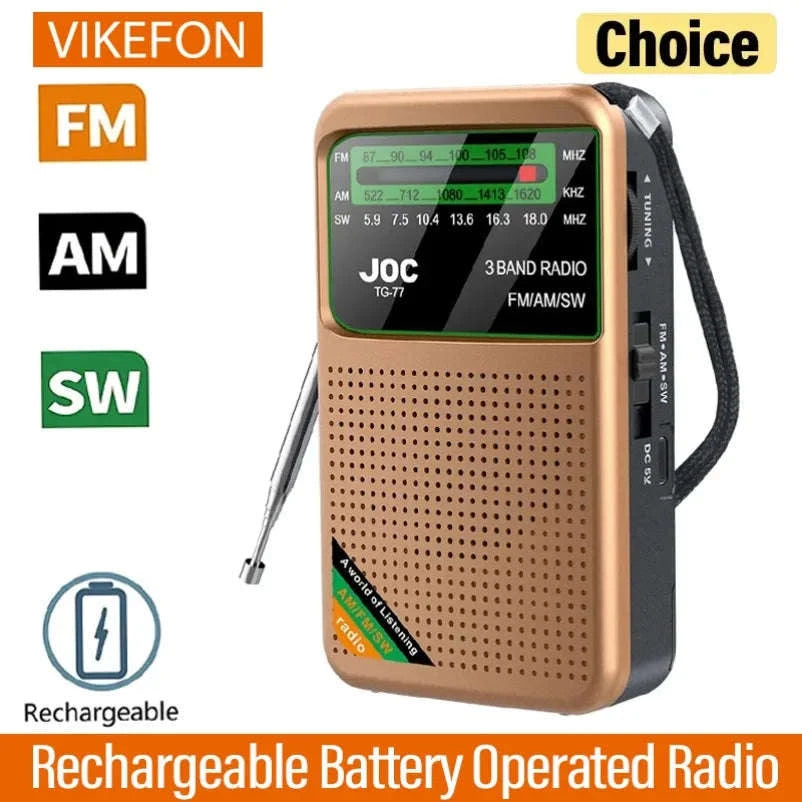 Portable AM FM SW Radio with Rechargeable Battery & Clear Display-TG66 Gold