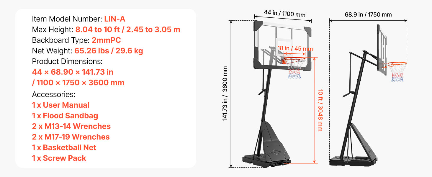 Système de panier de basket-ball portable réglable avec panneau de 44 à 54 pouces