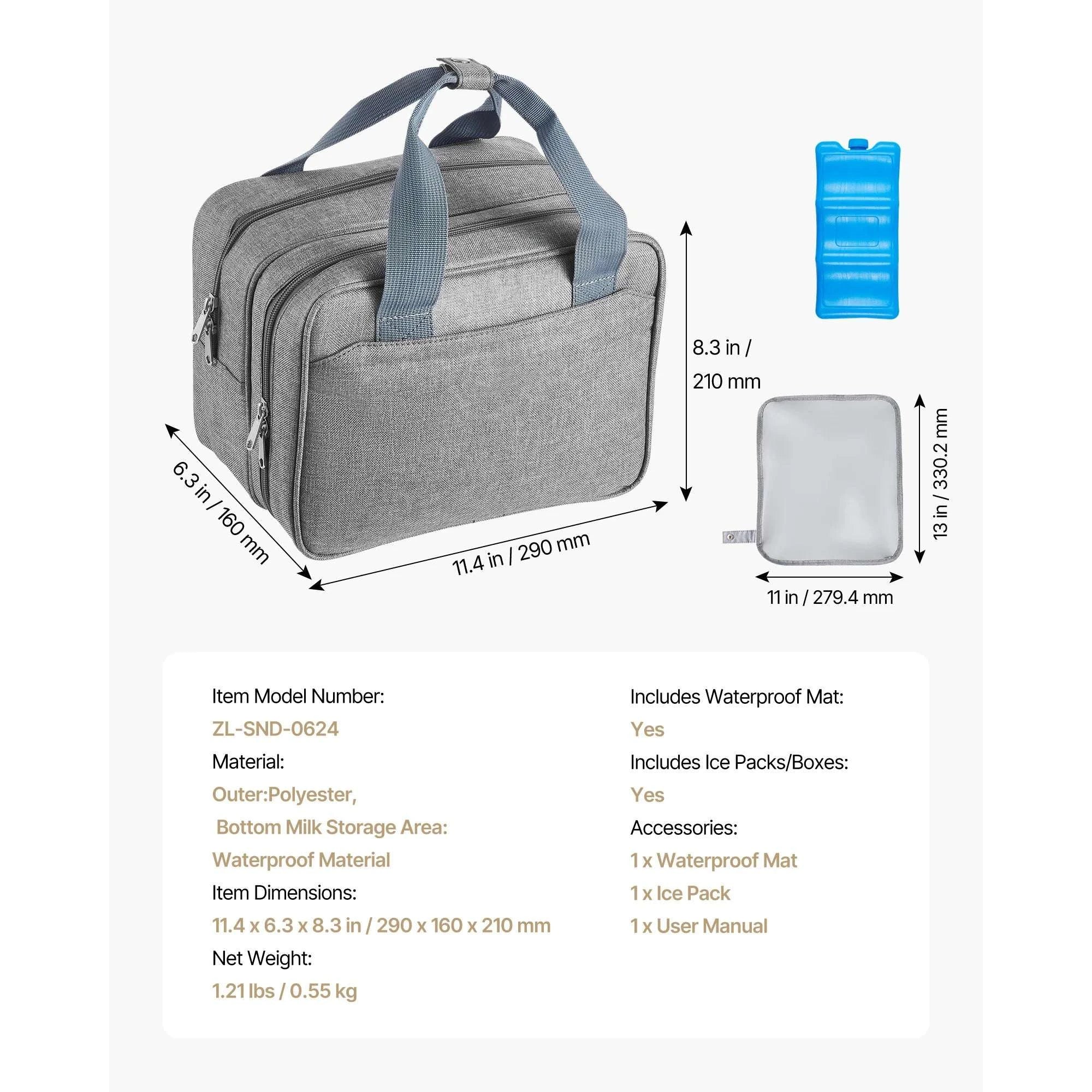 Portable Breast Pump Bag with Ice Pack & Insulated Storage-Grey / United States