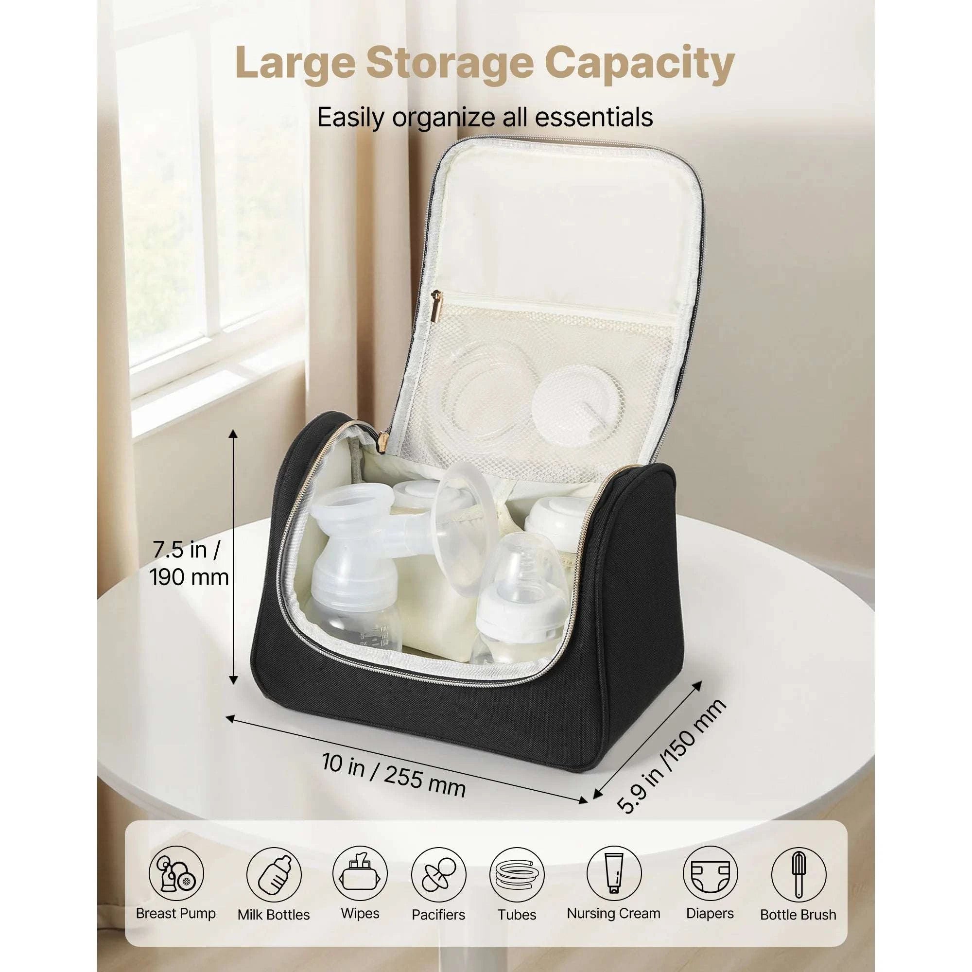 Portable Breast Pump Bag with Insulated Storage & Waterproof Mat-Black / United States