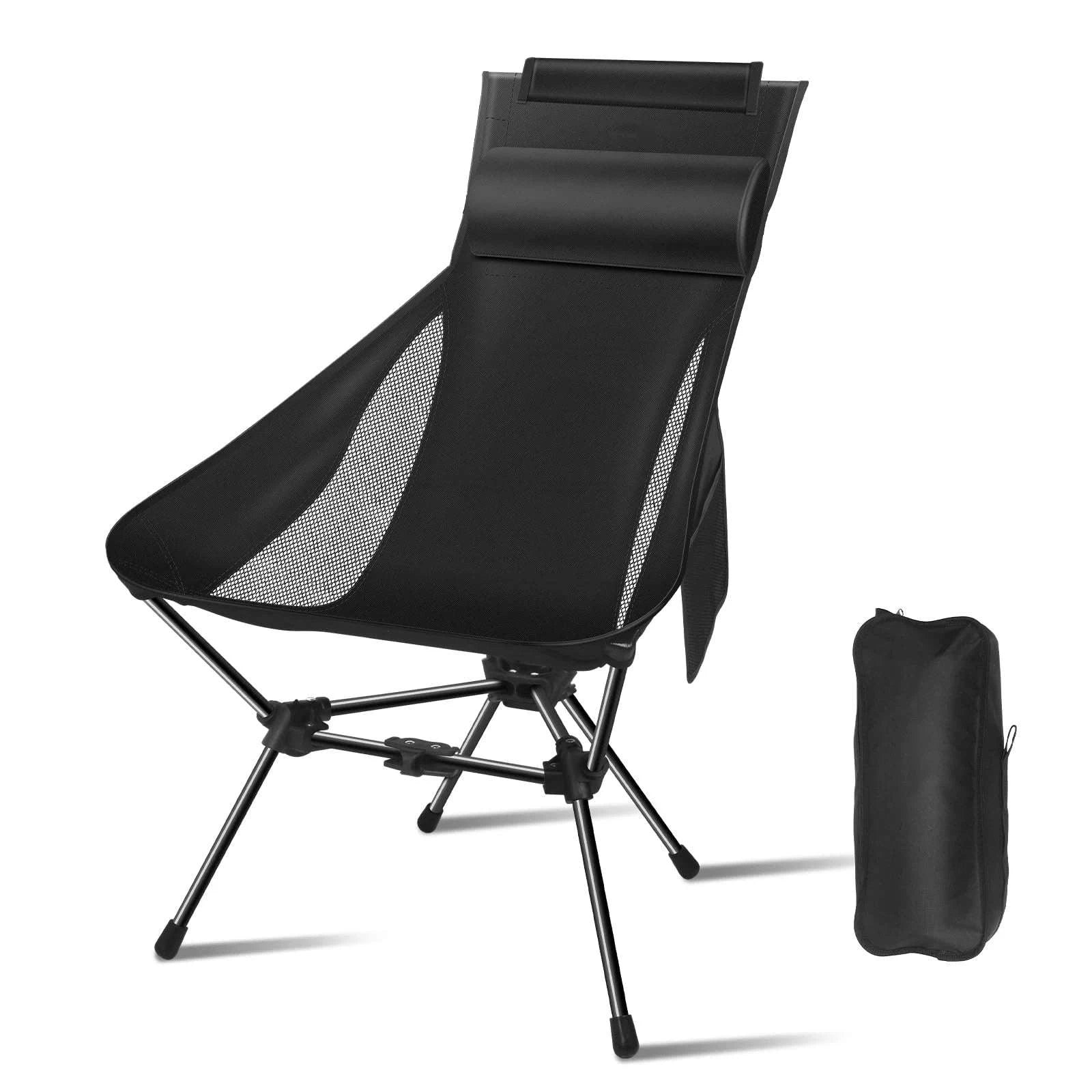 Portable Camping Chair with Headrest, 330 lb Folding Seat-Aluminum Black