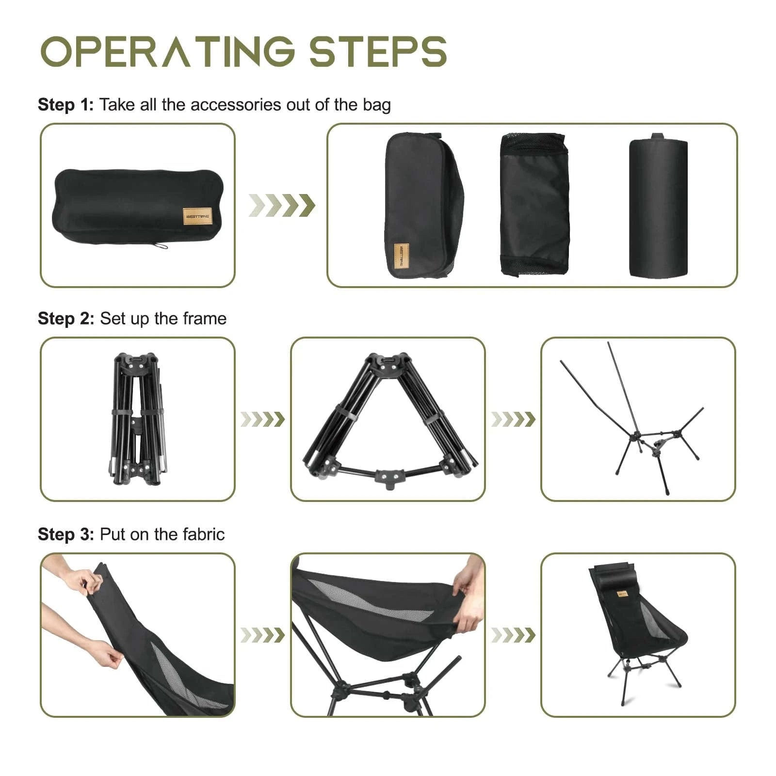 Portable Camping Chair with Headrest, 330 lb Folding Seat-Aluminum Black
