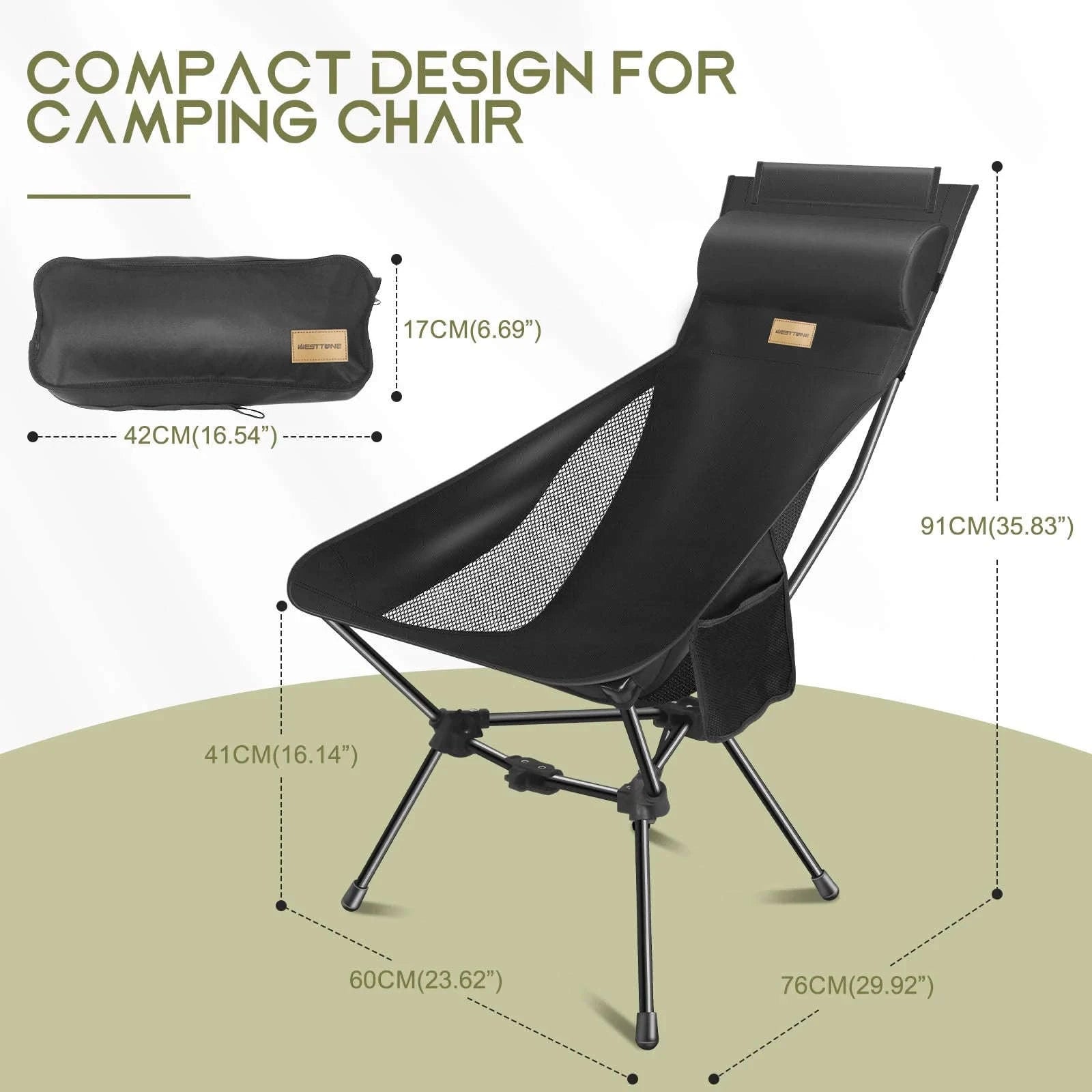 Portable Camping Chair with Headrest, 330 lb Folding Seat-Aluminum Black