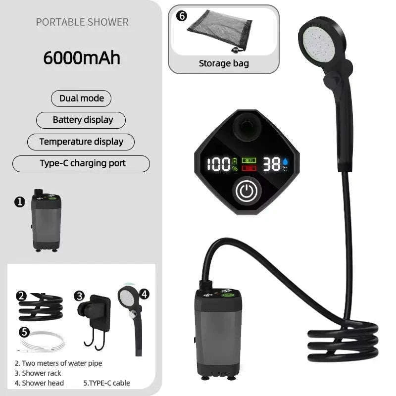 Portable Camping Shower 6000mAh Rechargeable Electric Pump with LED Display-Grey / China Mainland