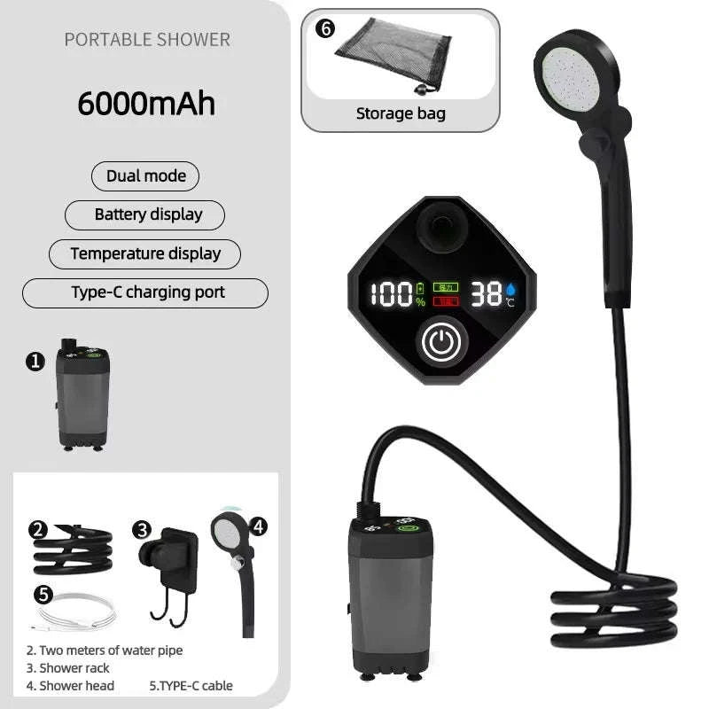 Portable Camping Shower 6000mAh Rechargeable Electric Pump with LED Display-Grey / China Mainland