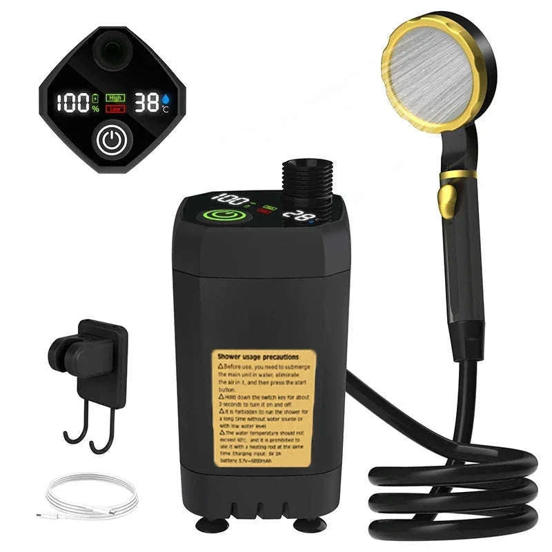 Portable Camping Shower Pump Kit with Digital Display and 6000mAh Battery-green
