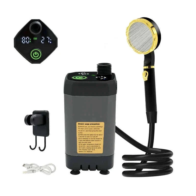 Portable Camping Shower Pump Kit with Digital Display and 6000mAh Battery-green