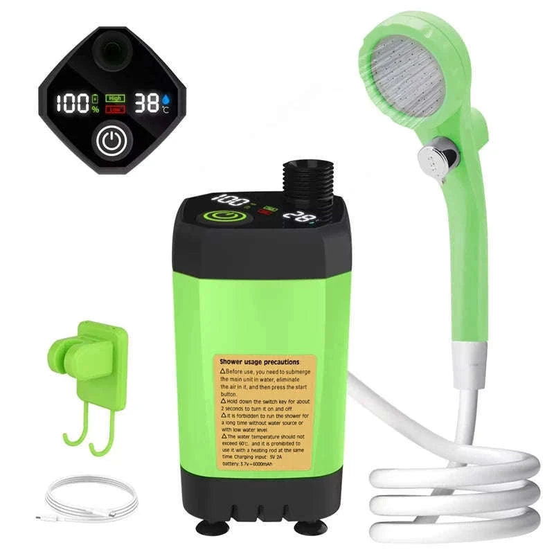 Portable Camping Shower Pump Kit with Digital Display and 6000mAh Battery-green