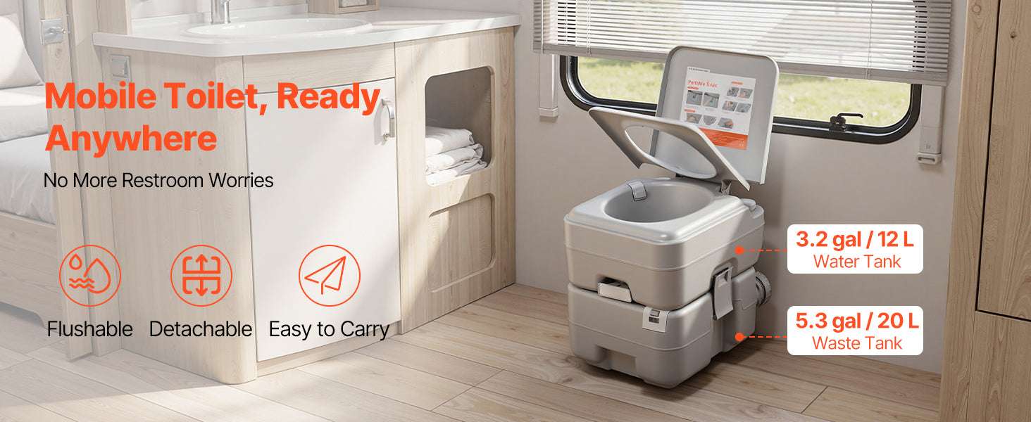 Portable Camping Toilet with Flush & Detachable Waste Tank-5.3gal / United States