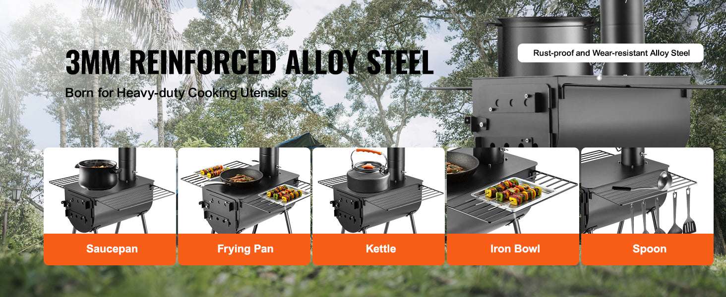 Portable Camping Wood Stove with Chimney & Cooking Shelves-118 inch / United States