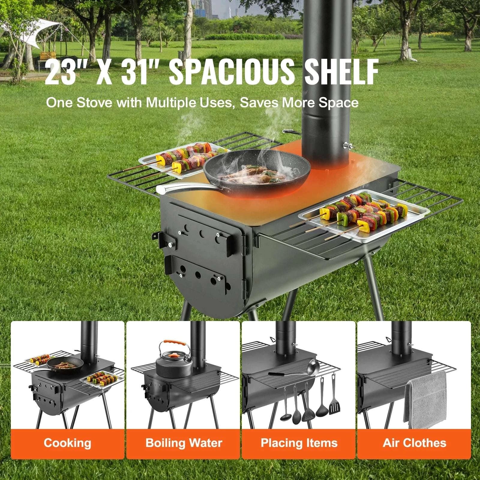 Portable Camping Wood Stove with Chimney & Cooking Shelves-118 inch / United States