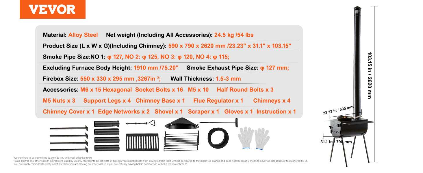Portable Camping Wood Stove with Chimney & Cooking Shelves-118 inch / United States