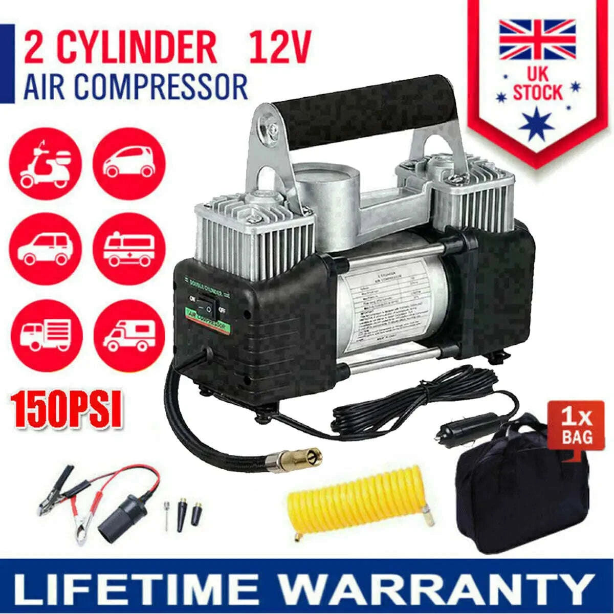 Portable Car Air Compressor 12V High Pressure Tire Inflator-black / UNITED KINGDOM
