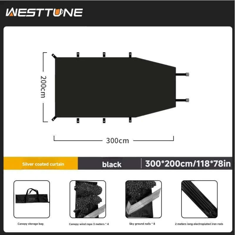 Portable Car Awning Tarp for Camping and Outdoor Shade-Black 3 x 2m