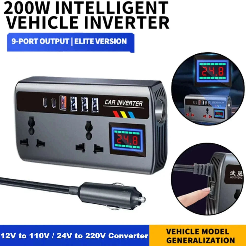 Portable Car Inverter 12V/24V to AC 220V with 4 USB Ports-With digital display