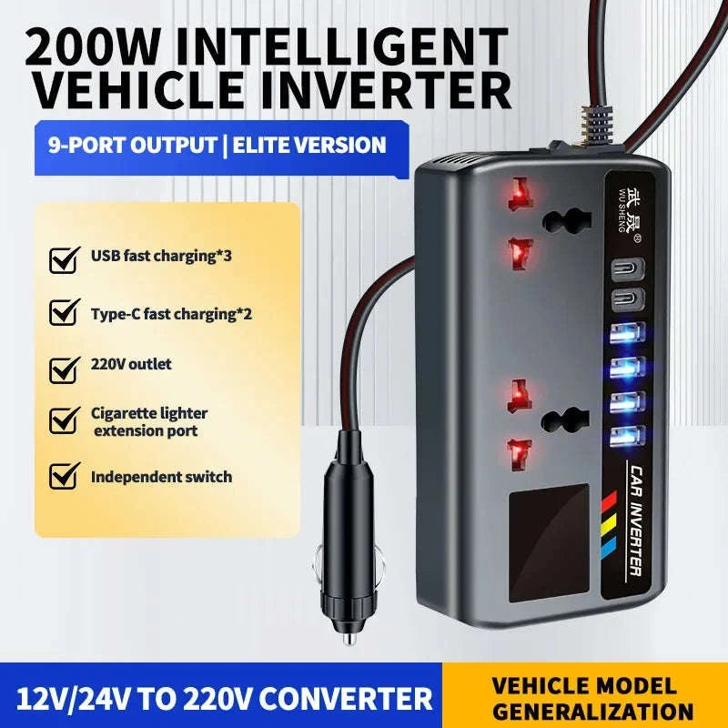 Portable Car Inverter 12V/24V to AC 220V with 4 USB Ports-With digital display