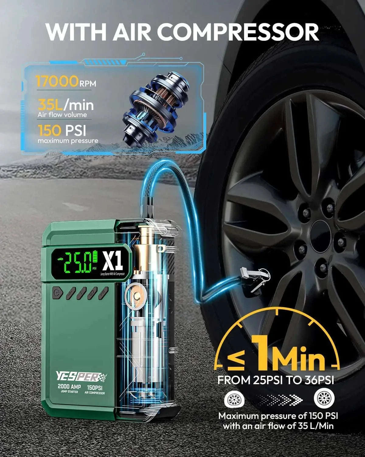 Portable Car Jump Starter with Air Compressor 2000A 150 PSI Power Bank-A-X1-yesper / Australia