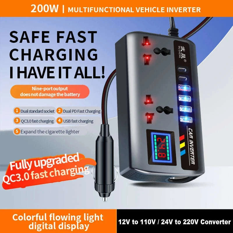Portable Car Power Inverter 12V/24V to 110V/220V with 4 USB Ports-12V24V to 220V B