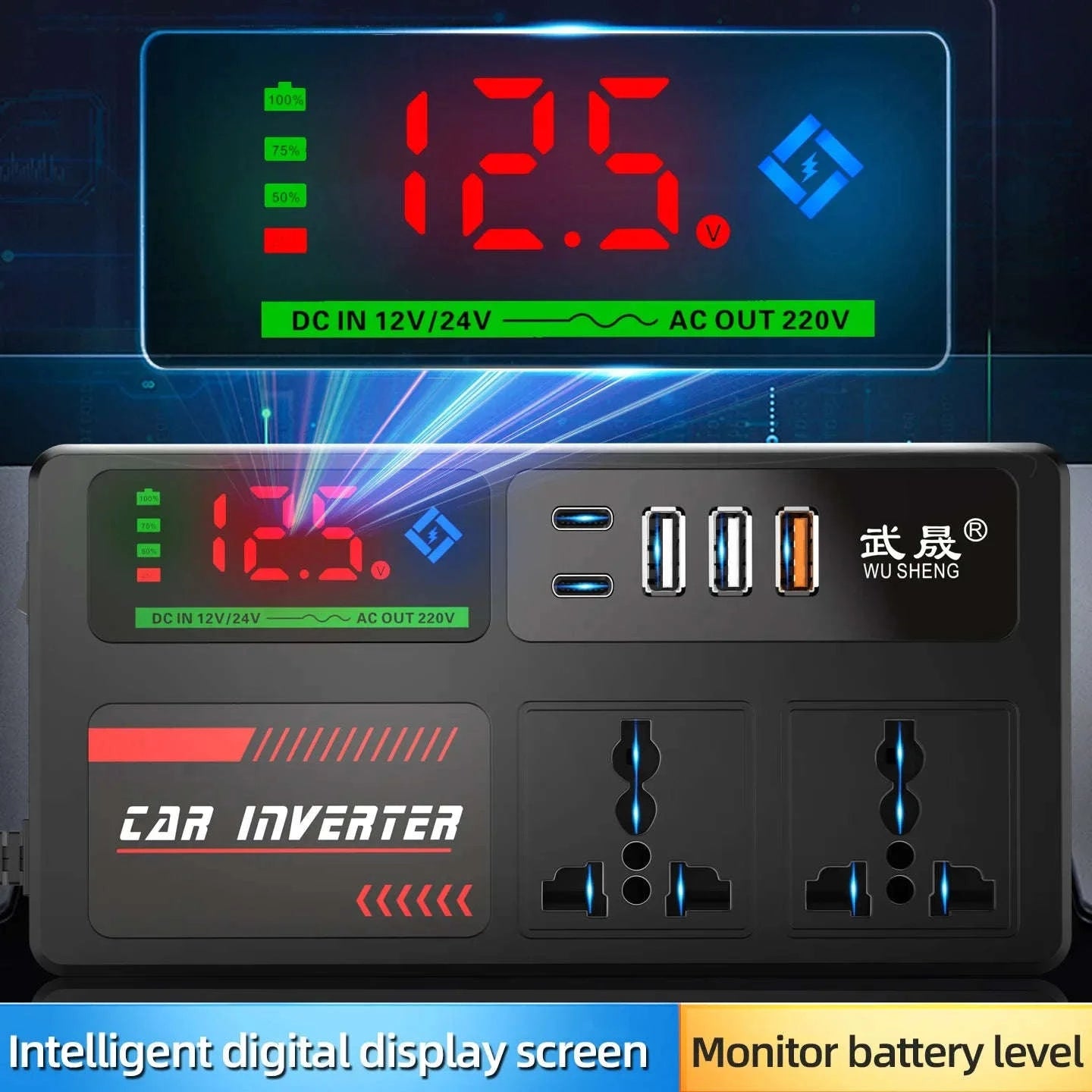Portable Car Power Inverter 12V/24V to 110V/220V with 4 USB Ports-12V24V to 220V B