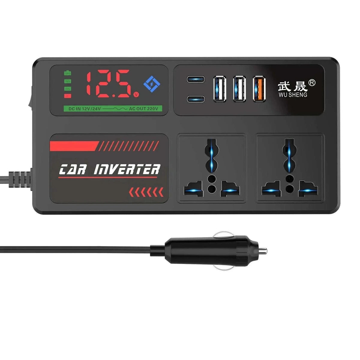 Portable Car Power Inverter 12V/24V to 110V/220V with 4 USB Ports-12V24V to 220V B