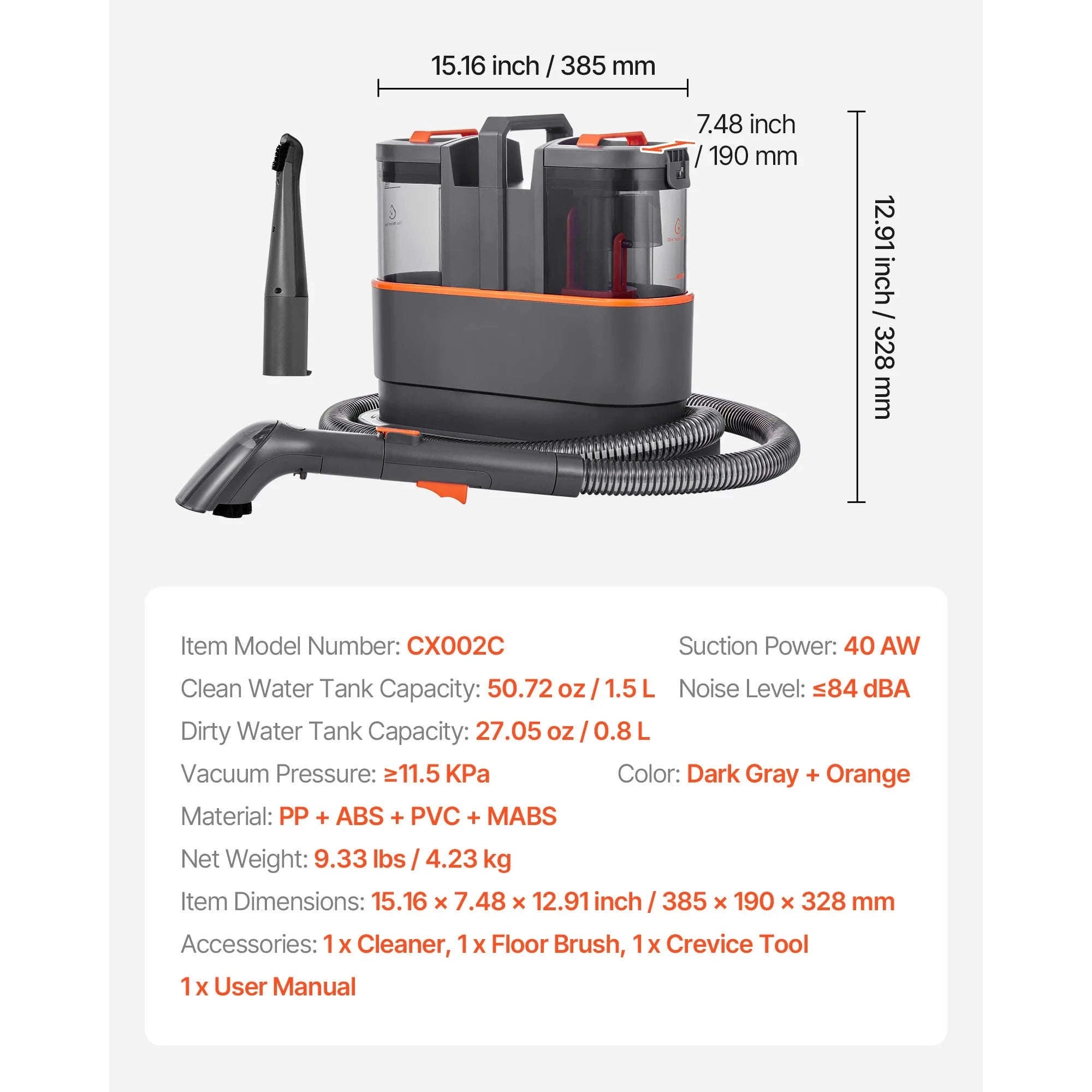 Portable Carpet Cleaner Machine with Dual Water Tanks-15.16x7.48x12.91inch / United States