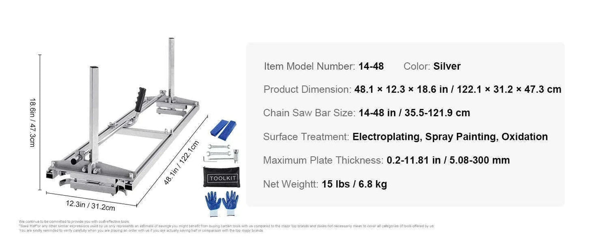Portable Chainsaw Mill Planking Attachment for 14-36 Inch Guide Bars-14 - 24 Inch / United States