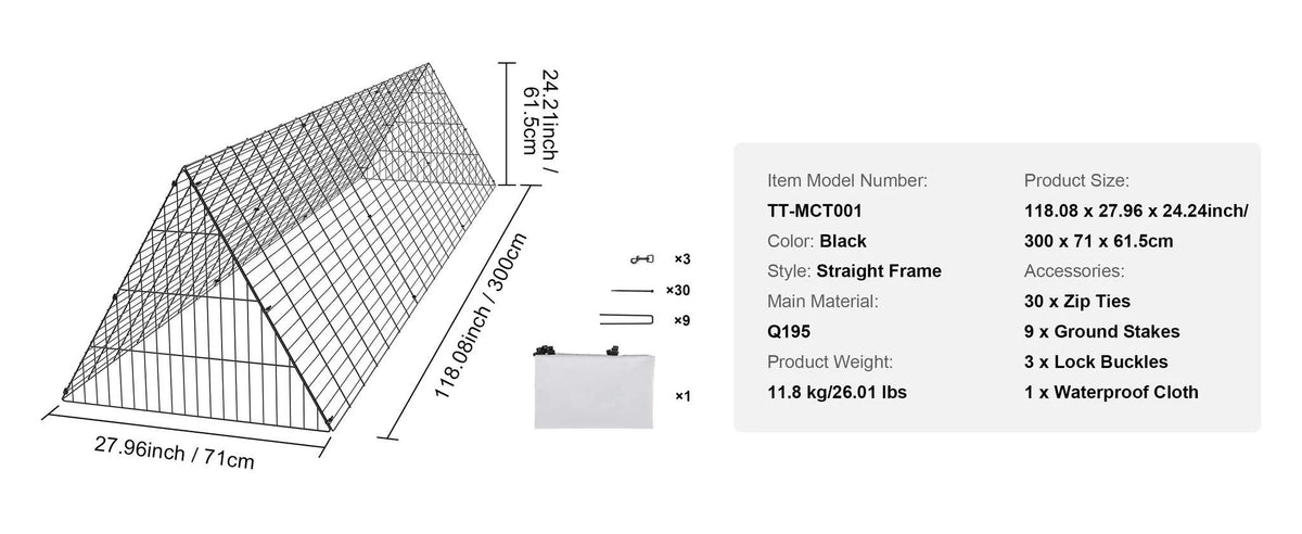 Portable Chicken Tunnel with Corner Frame, 157.5 x 39.4 x 24.2 in-Straight x Corner / United Kingdom