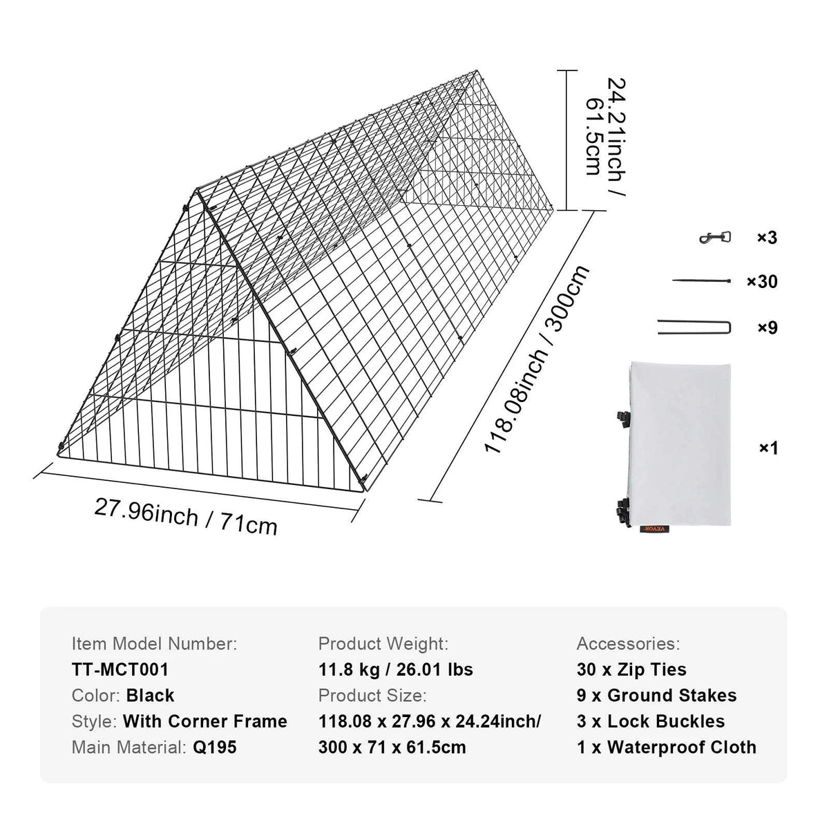 Portable Chicken Tunnel with Corner Frame, 157.5 x 39.4 x 24.2 in-Straight x Corner / United Kingdom