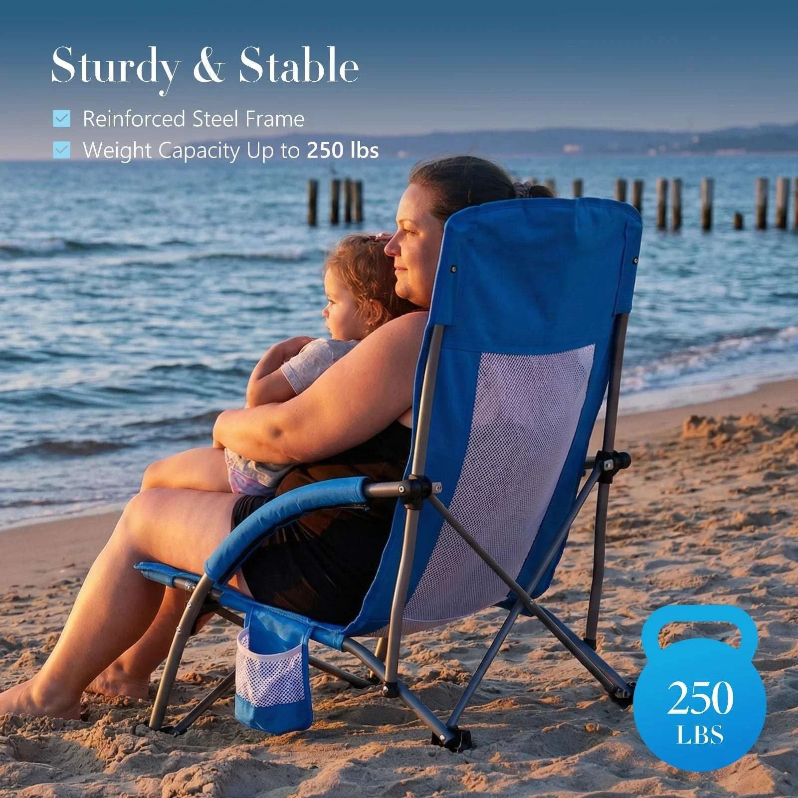 Portable Folding Beach Camping Chair with Cup Holder & Storage-Blue / United States