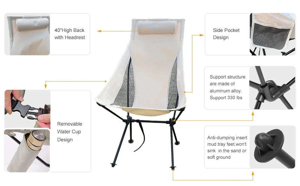 Portable Folding Camping Chair with Headrest Lightweight Aluminum Alloy-Beige