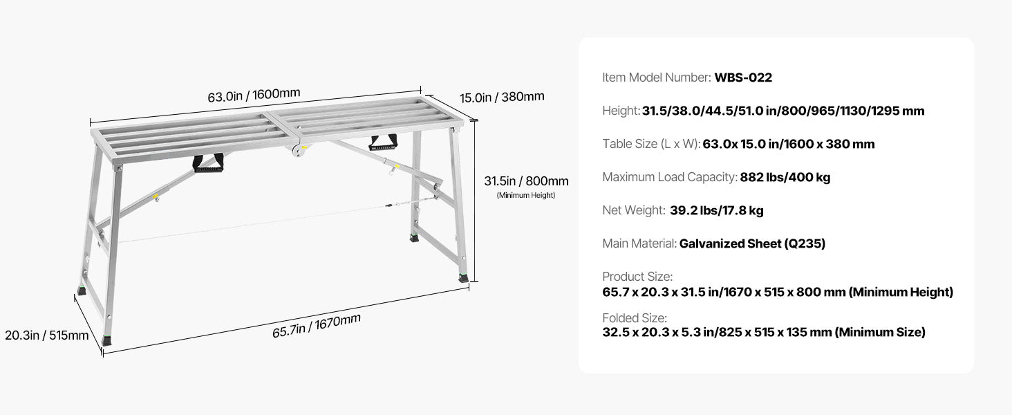 Adjustable Folding Work Platform with 4 Height Settings, 882 lb Capacity