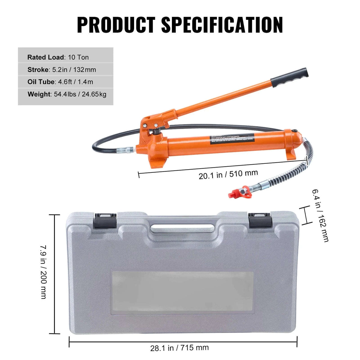 Portable Hydraulic Jack Kit 10/12T with Hose and Case-12T / United States