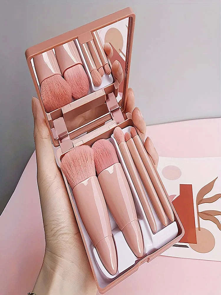 Portable Makeup Brush Set with Foldable Travel Mirror-Green