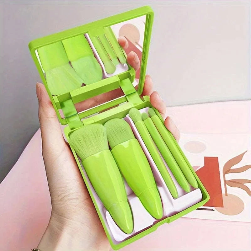 Portable Makeup Brush Set with Foldable Travel Mirror-Green