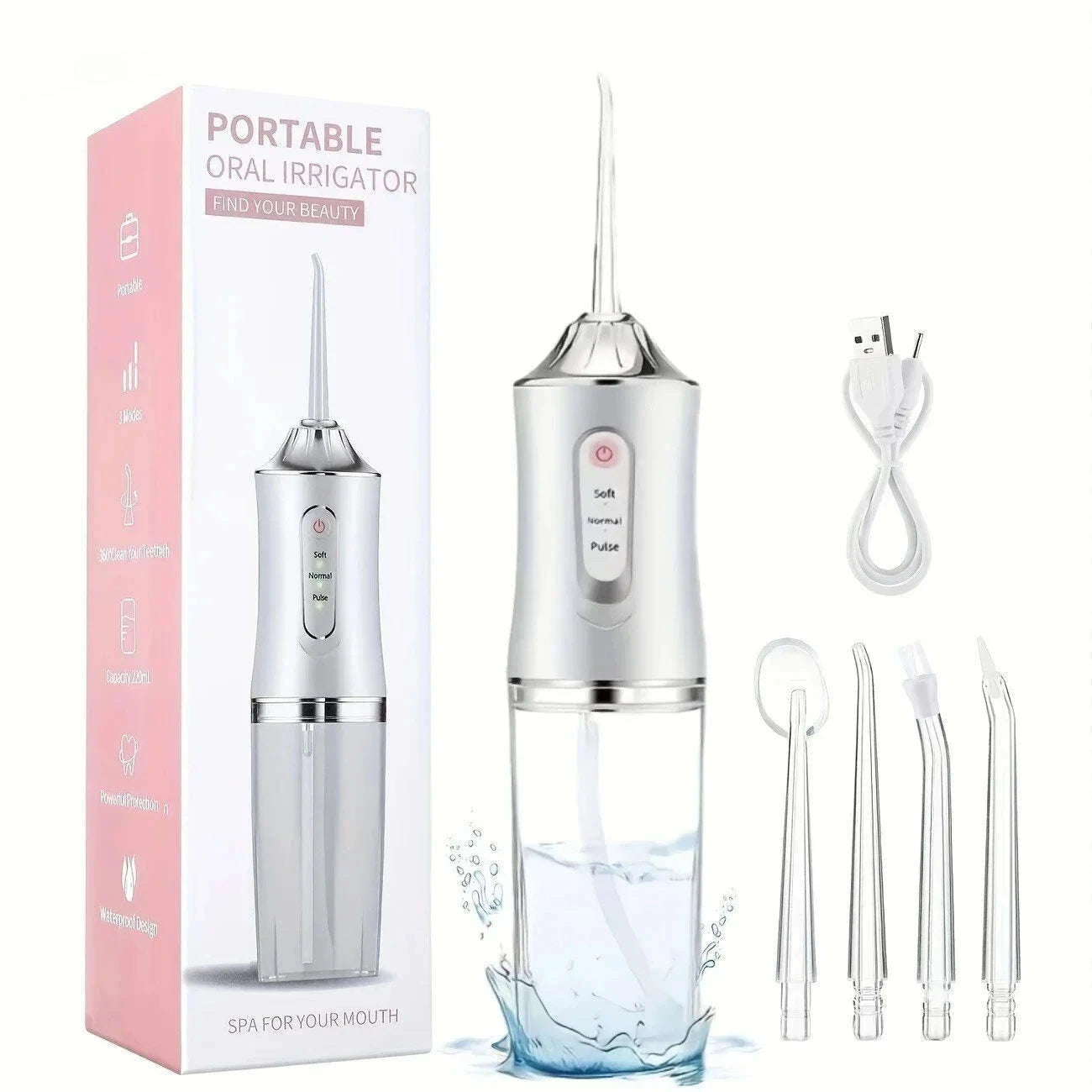 Portable Oral Irrigator Water Flosser with 4 Nozzles & Modes-Pink / United States