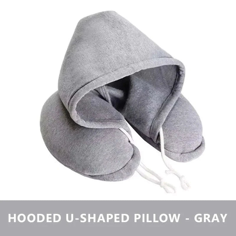 Portable U-Shape Travel Neck Pillow with Hood-Black
