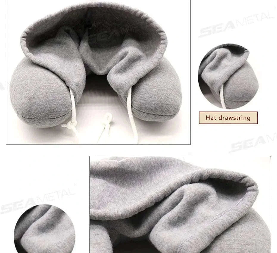 Portable U-Shape Travel Neck Pillow with Hood-Black
