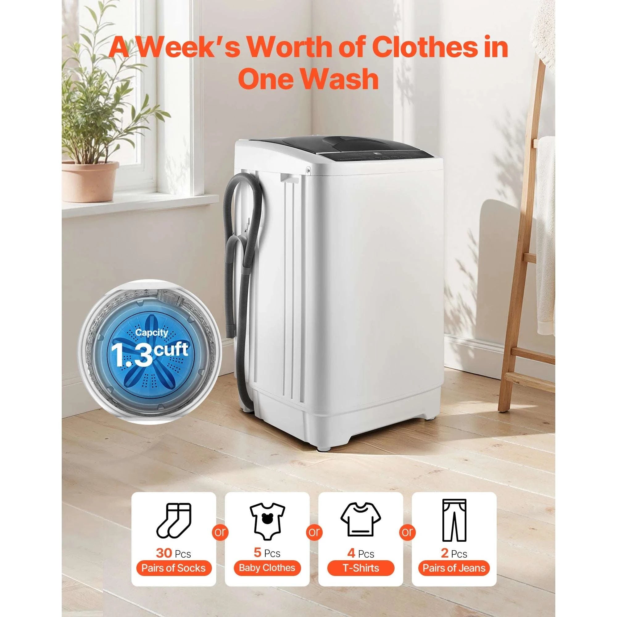 Portable Washing Machine 1.3 cu.ft with 8 Programs LED Display-280w / United States