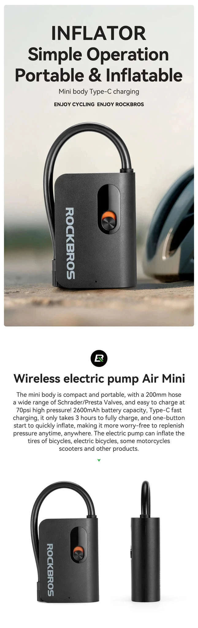 Portable Wireless Electric Tire Pump 2000mAh Mini Inflator-QJCQBAIR