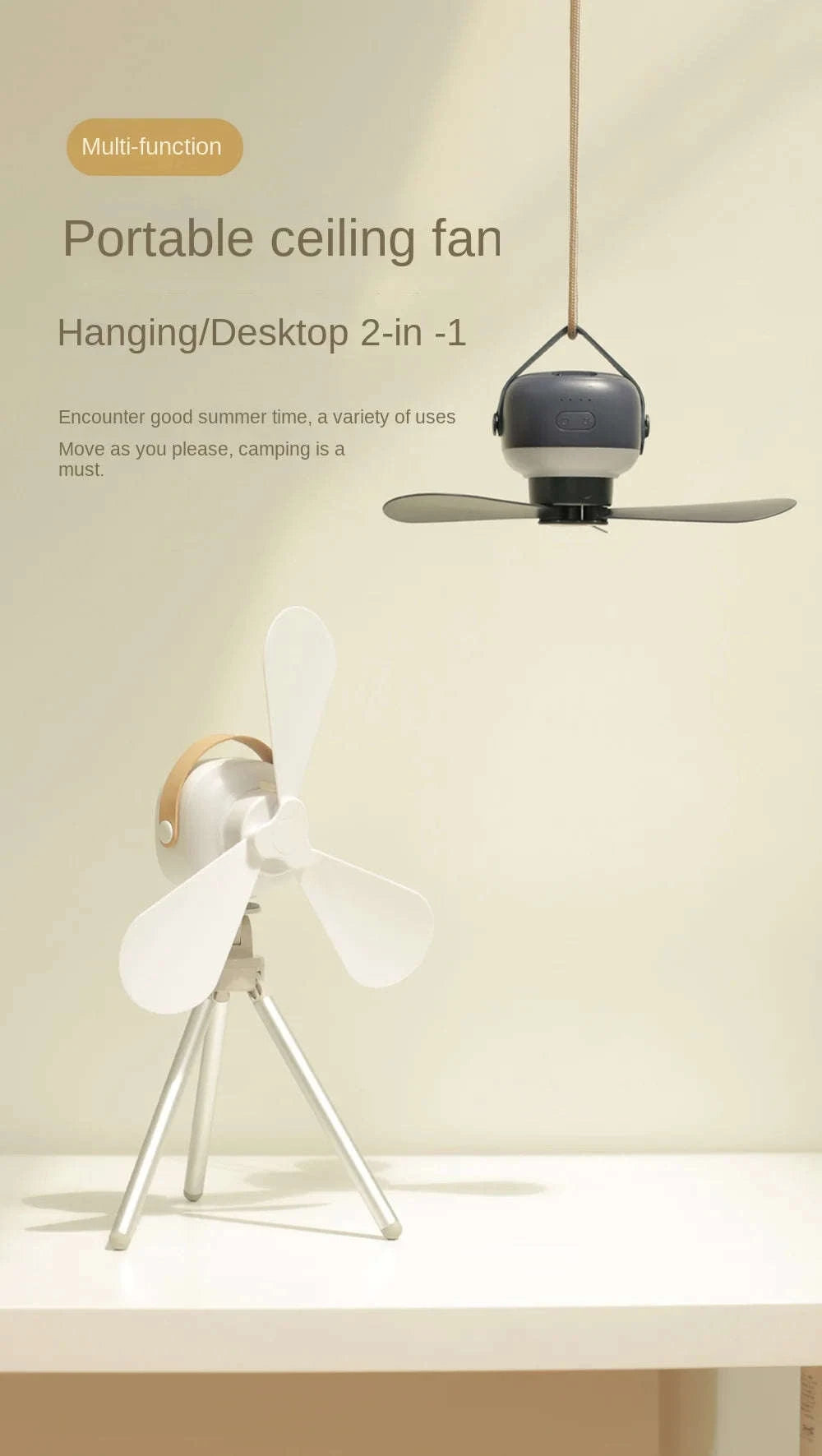 Portable Wireless Mini Ceiling Fan with LED Light and Remote-White 2400mAh