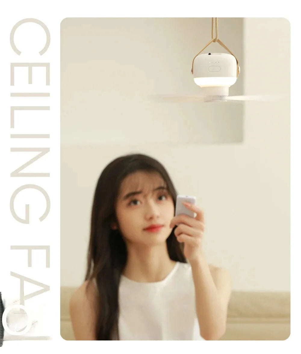 Portable Wireless Mini Ceiling Fan with LED Light and Remote-White 2400mAh